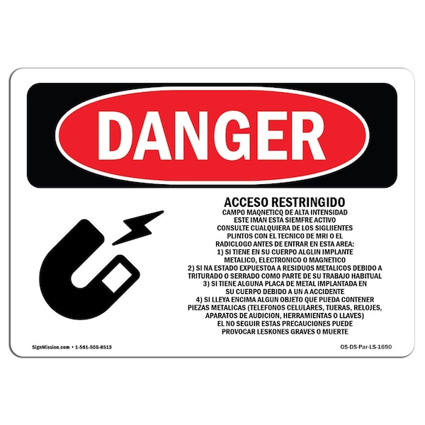 Safety Sign, OSHA Danger, 18" Height, Aluminum, MRI X-Ray Microwave